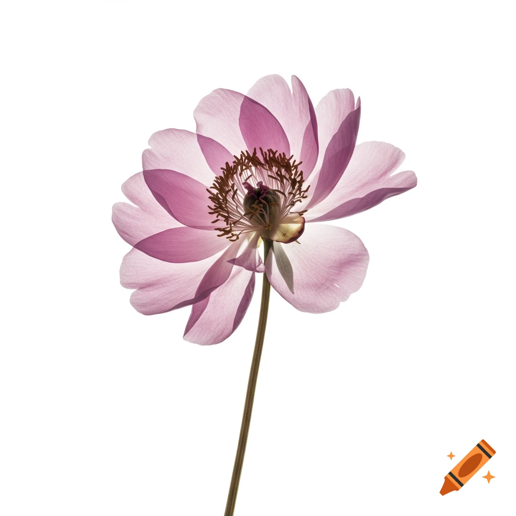 Translucent pink peony flower against a white background.