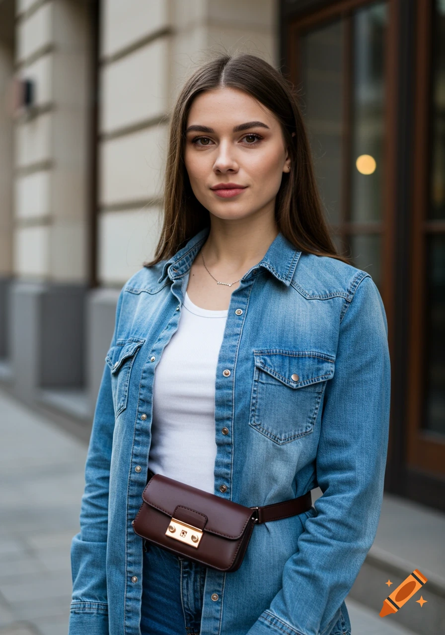 A young woman in a denim shirt and fanny pack stands on a city street.