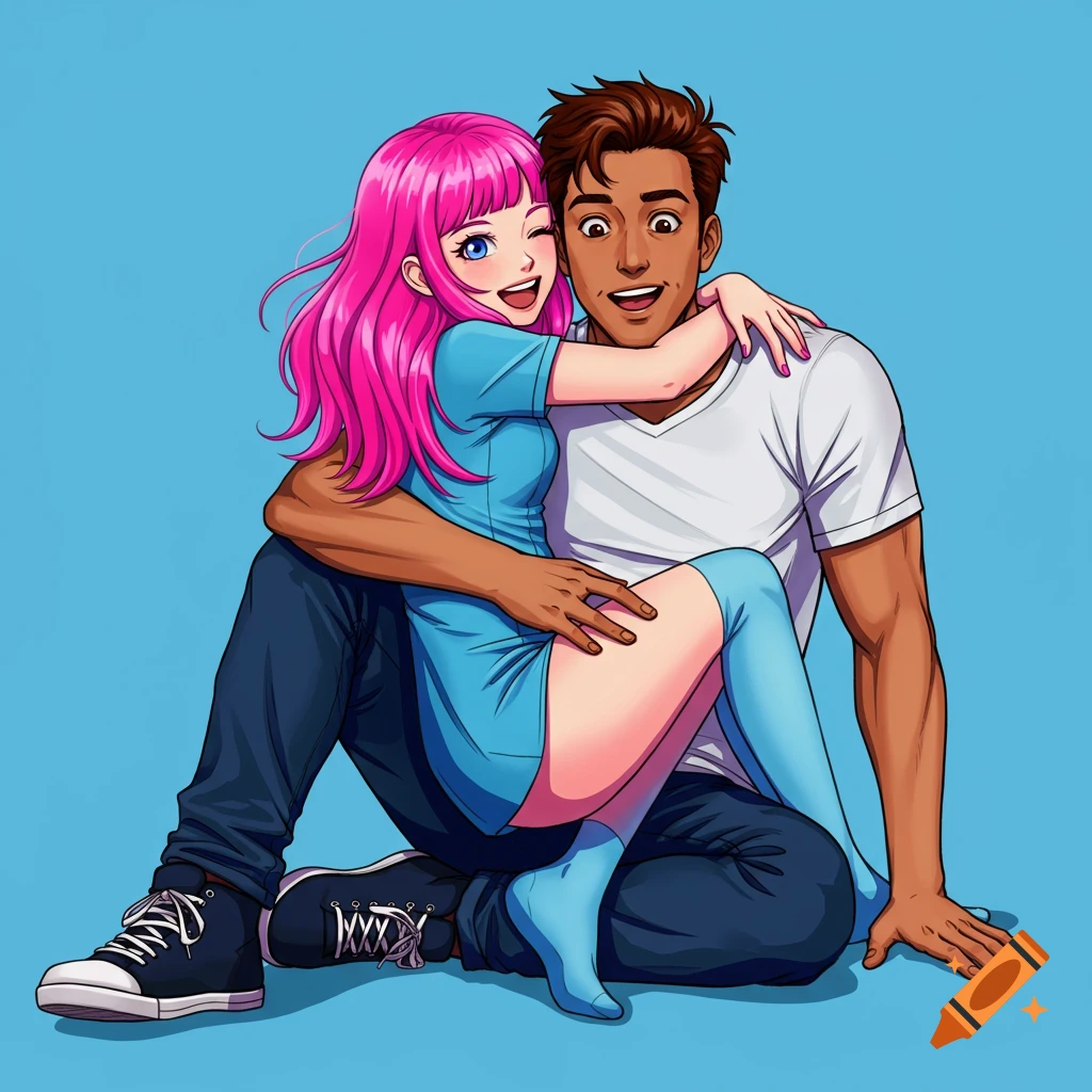 A cartoon couple with pink hair embracing while sitting on the floor.