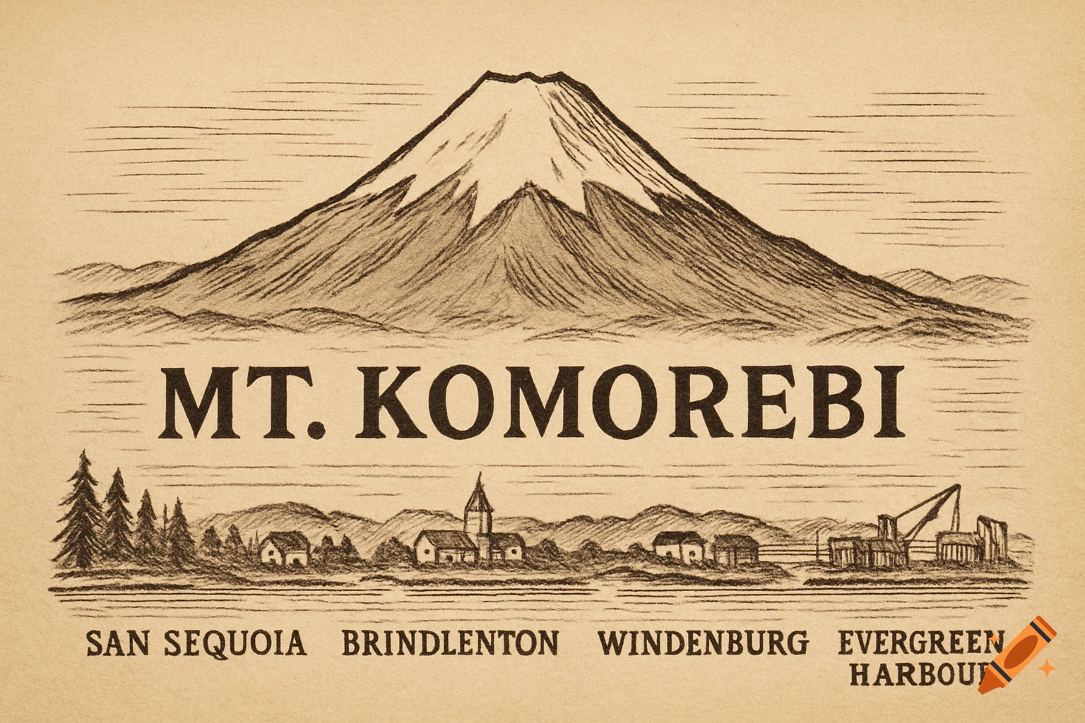 Black and white sketch of Mt. Komorebi above a coastline with text labels.
