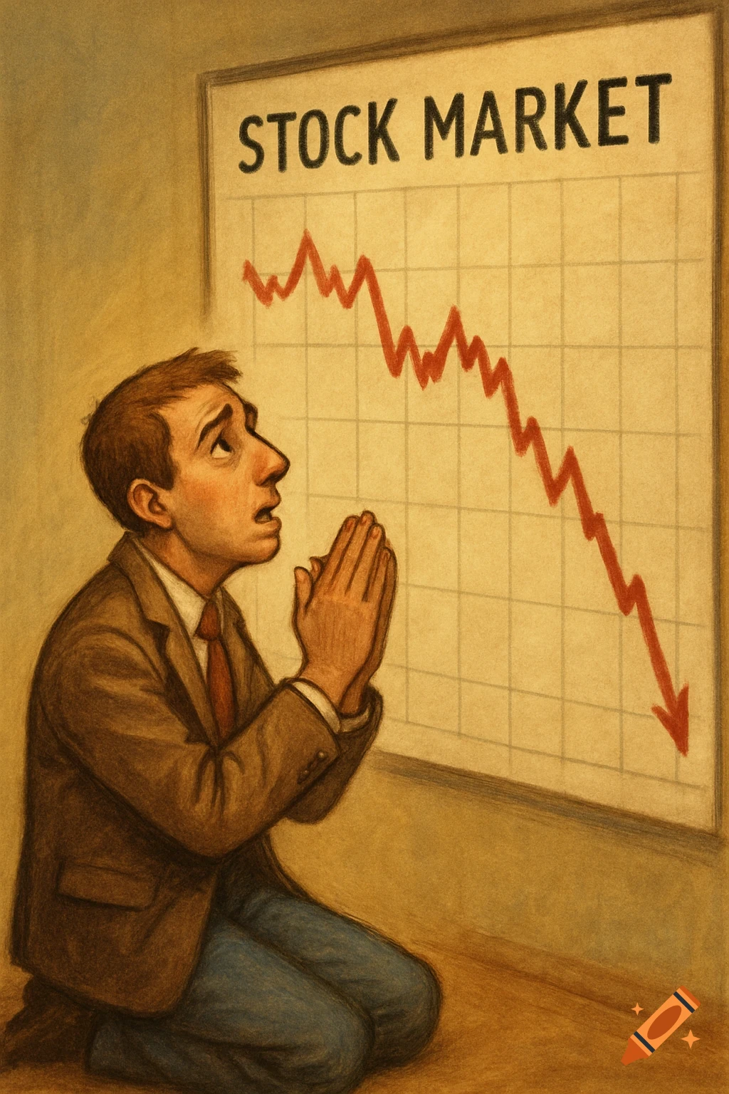 A kneeling man prays before a stock market chart showing a steep decline, illustration.