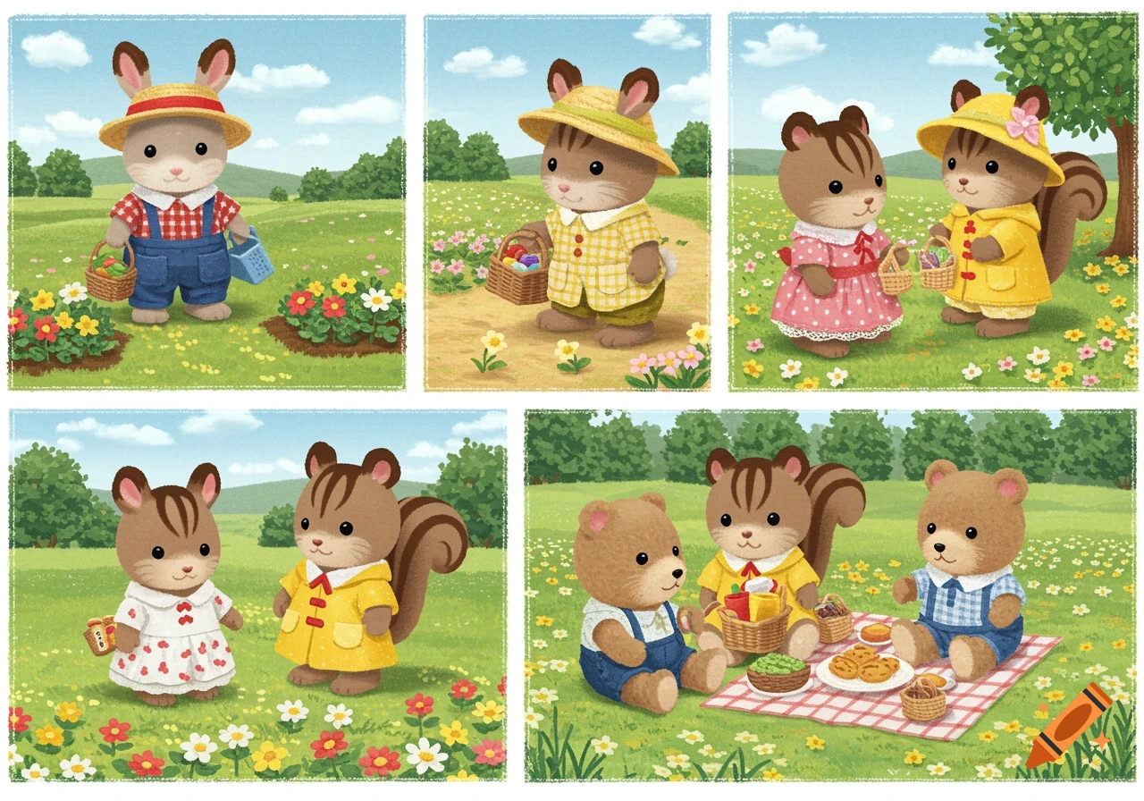 Illustrations of anthropomorphic animals (rabbit, squirrels, bears) gardening and picnicking in a meadow.