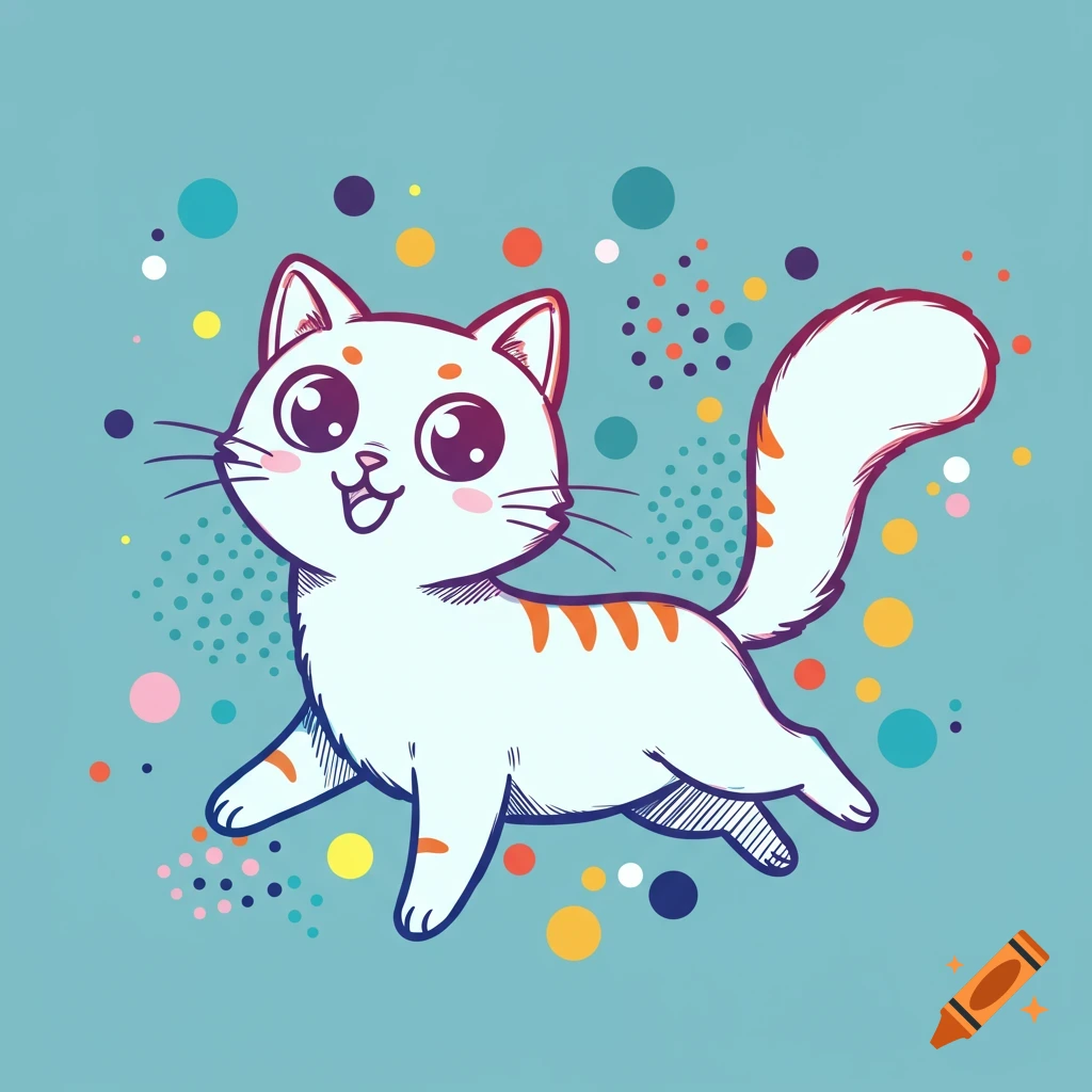 A white cartoon cat with orange stripes and big eyes leaps among colorful circles on a blue background.