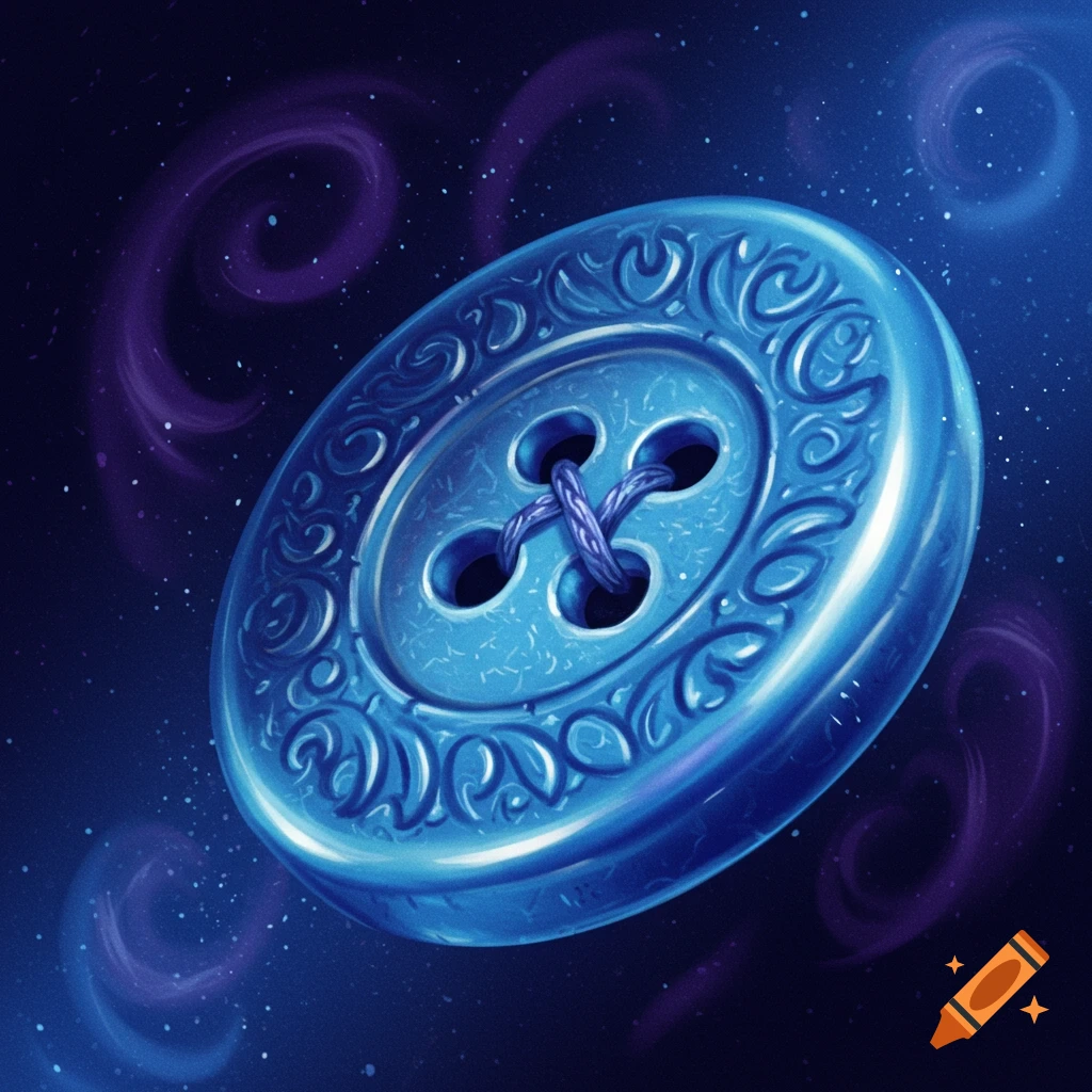 A detailed blue button with ornate carvings, threaded with purple string, floats in a dark blue space background with swirling purple energy and stars.