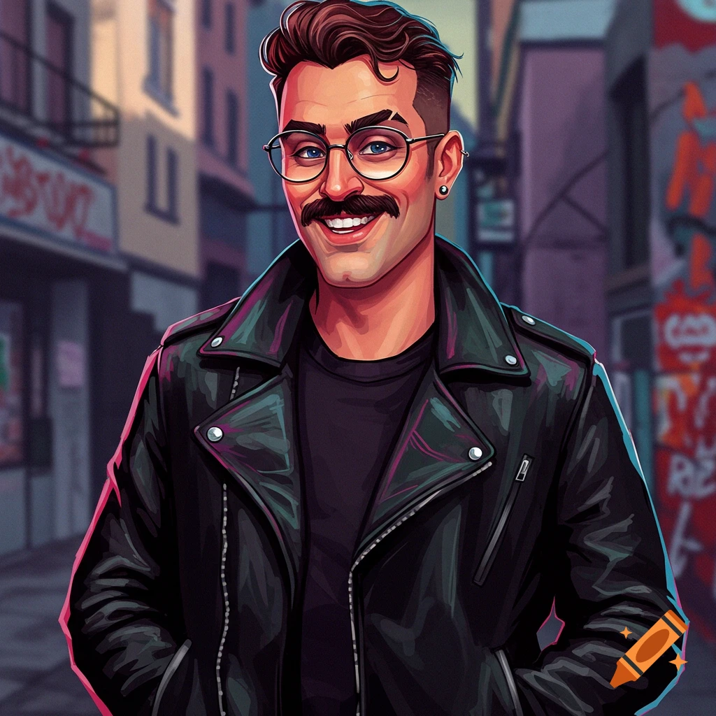 A portrait of a man with a mustache and glasses wearing a black leather jacket in an urban setting.