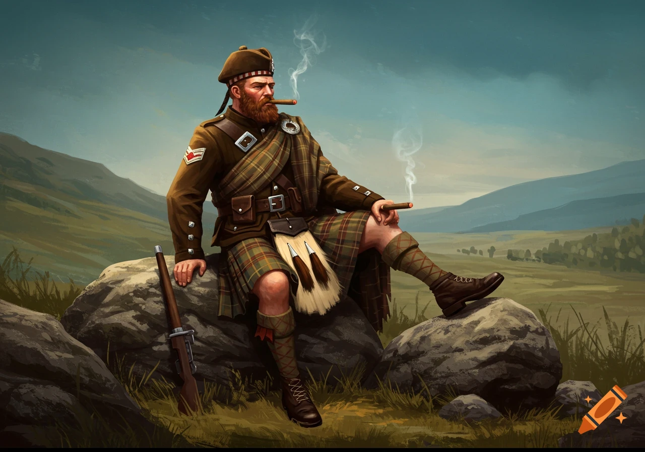 A man in a Scottish military uniform and kilt sits on a rock, smoking a cigar, in a landscape.
