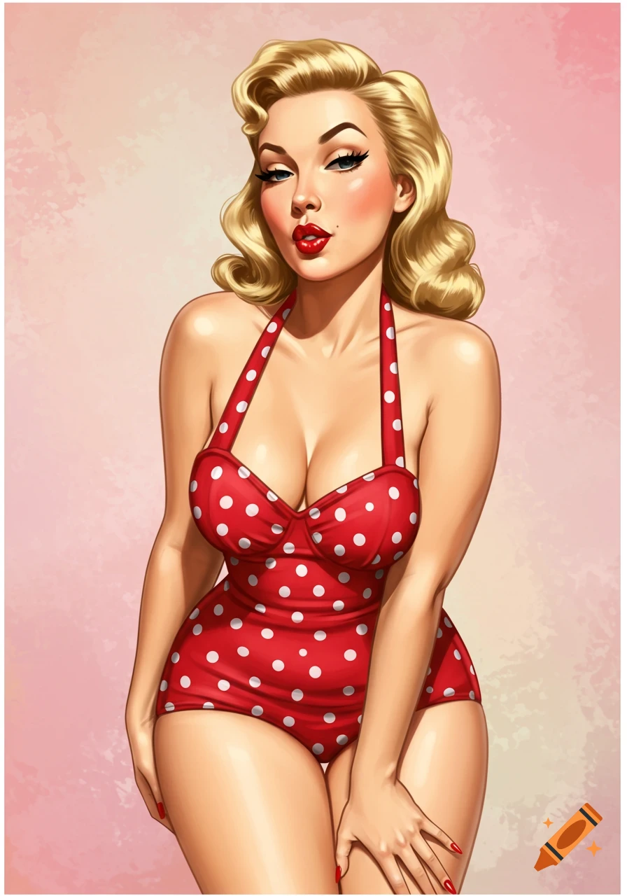 A vintage-style portrait of a woman in a red polka dot swimsuit posing.