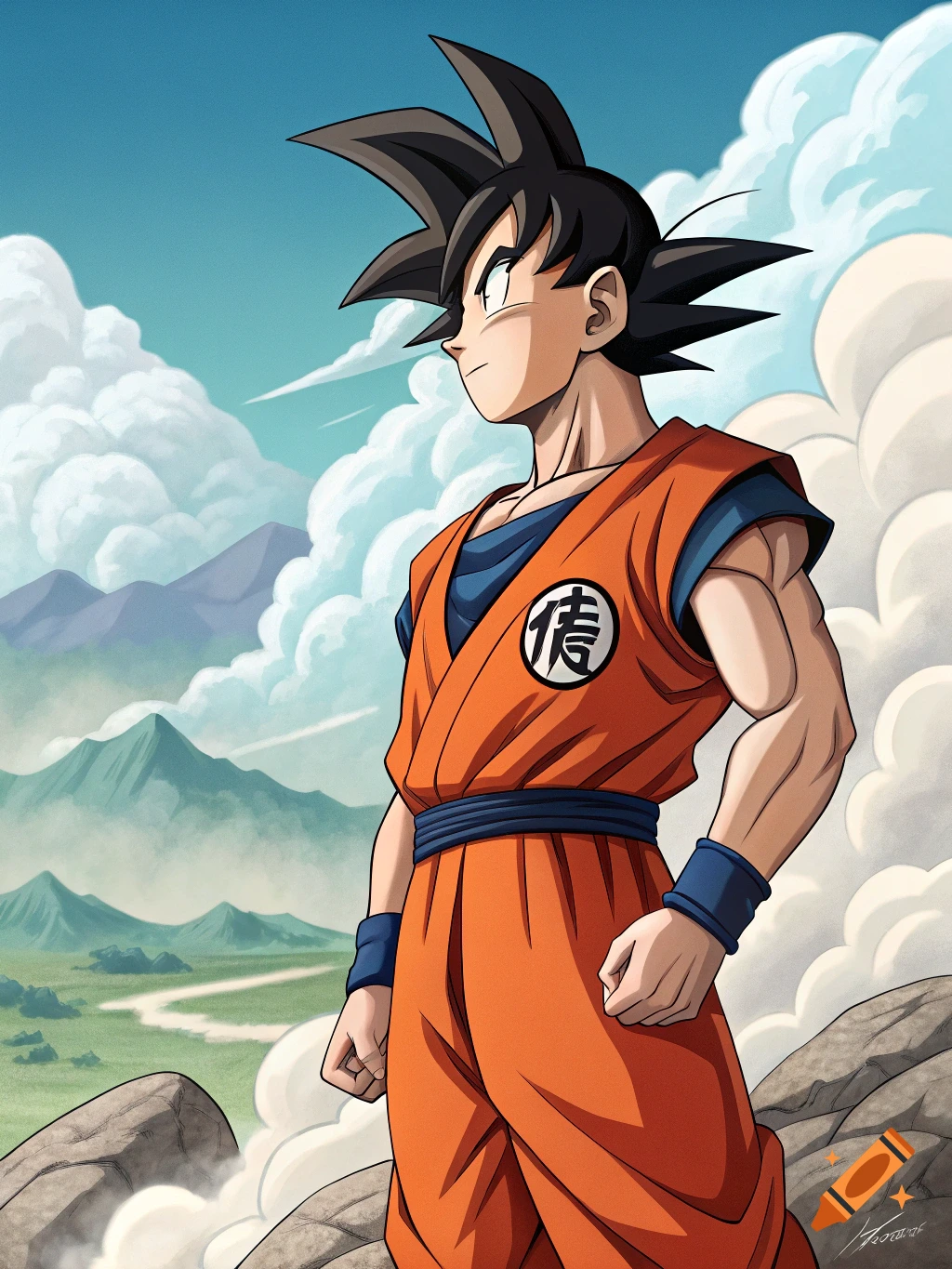 Goku from Dragon Ball Z stands on a rock, looking away, with mountains and clouds in the background. Anime style.