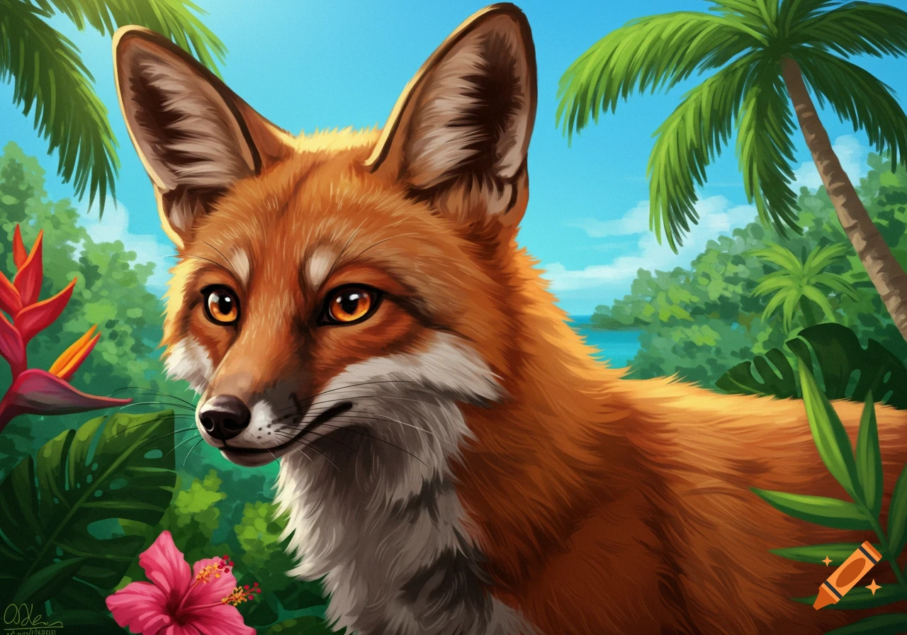 A fox in a tropical jungle with palm trees and flowers.