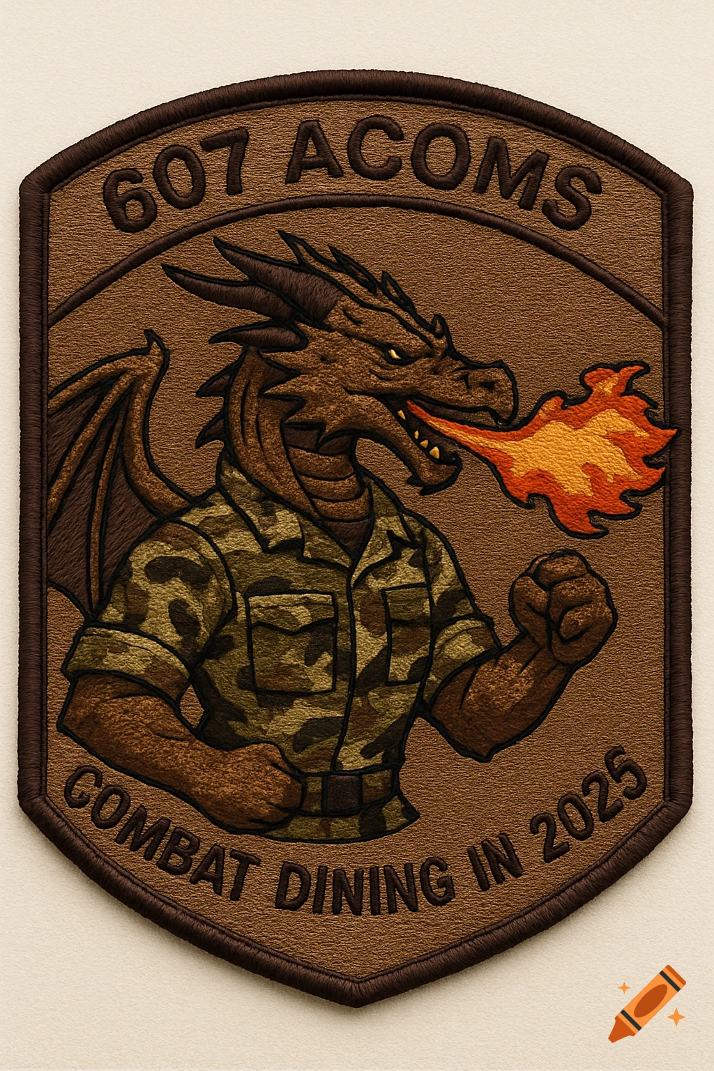A spice brown patch featuring a dragon in camouflage uniform breathing fire, with text around the edge.