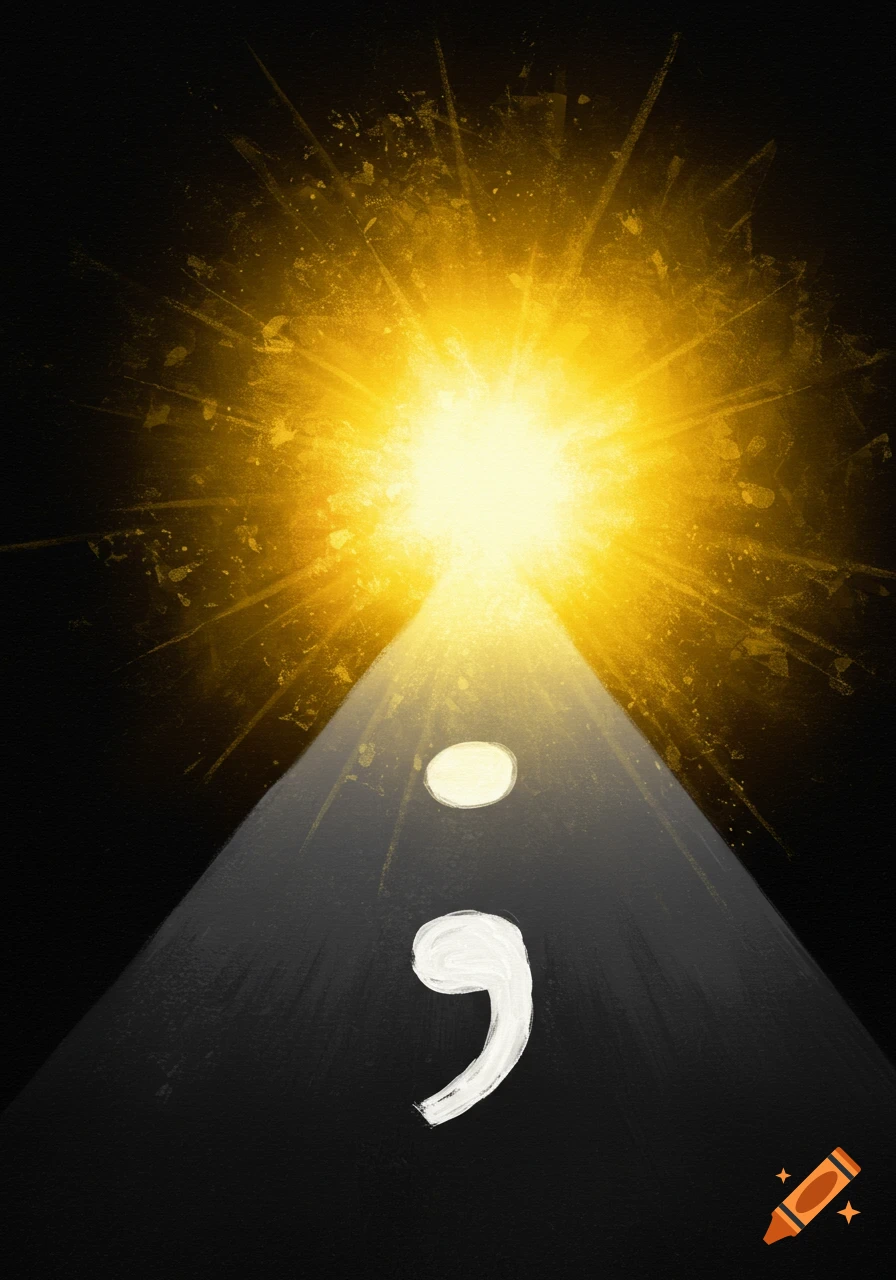 A large semicolon is on a path moving from darkness toward a bright light.