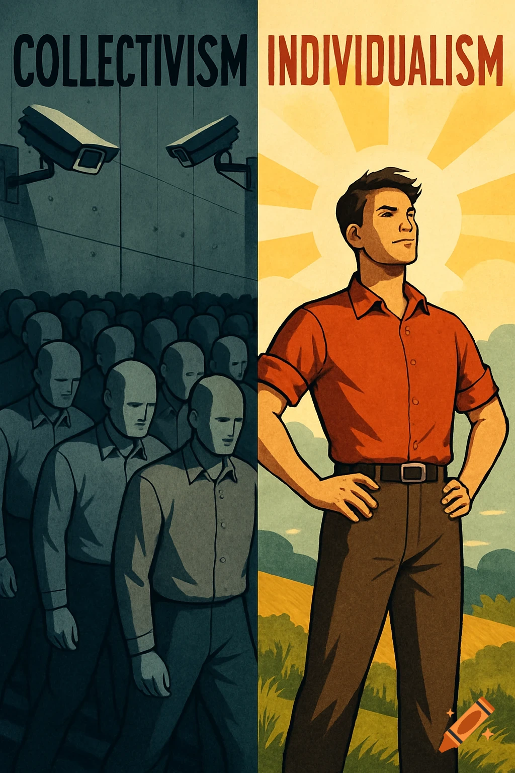 Split poster illustration contrasting collectivism (uniform crowd, surveillance) with individualism (single person in sunlight).