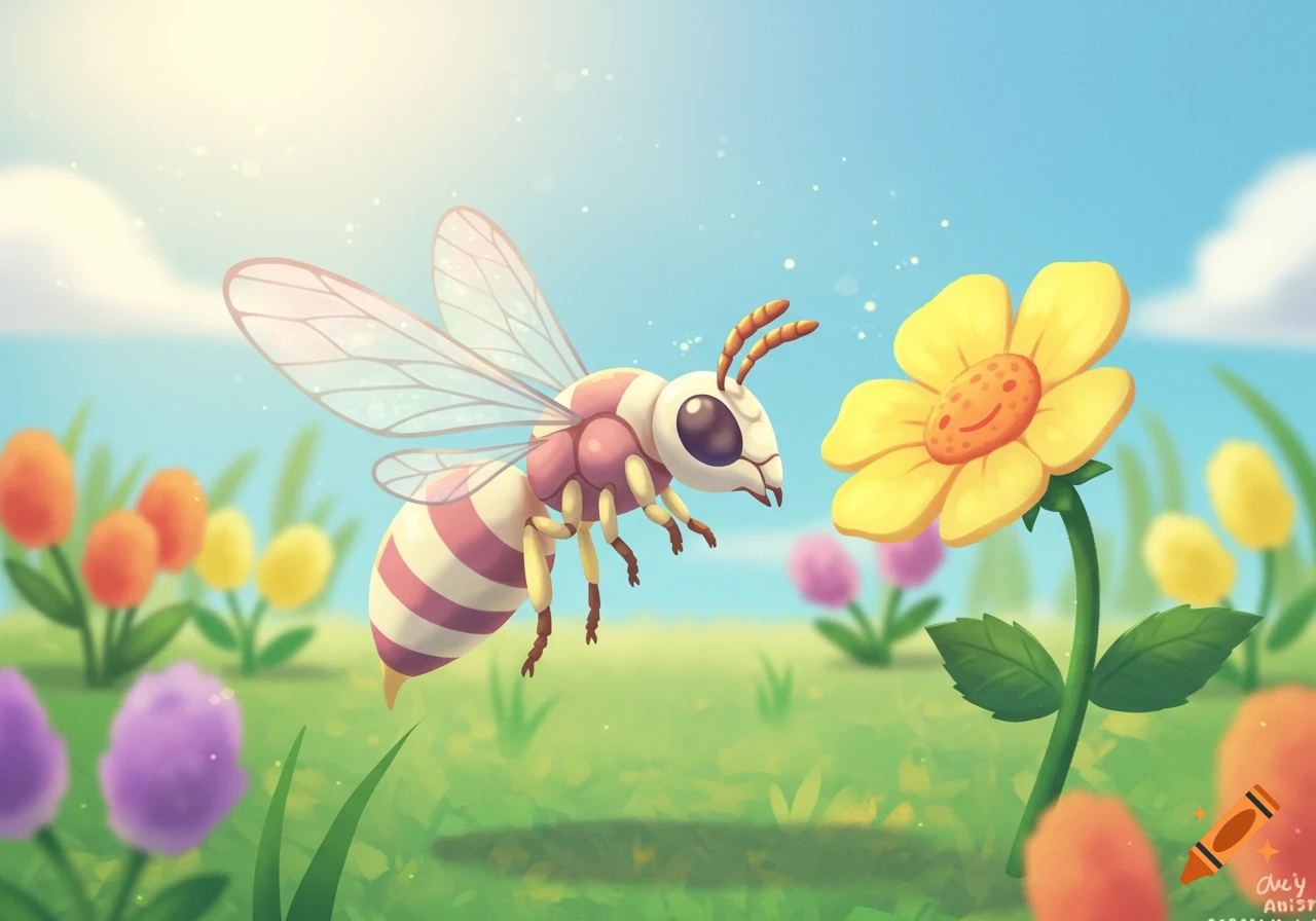 A cartoon bee flies towards a smiling yellow flower in a sunny, stylized field.