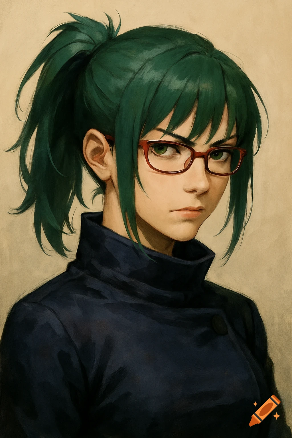 An anime character with dark green hair in a ponytail, wearing glasses and a dark coat.