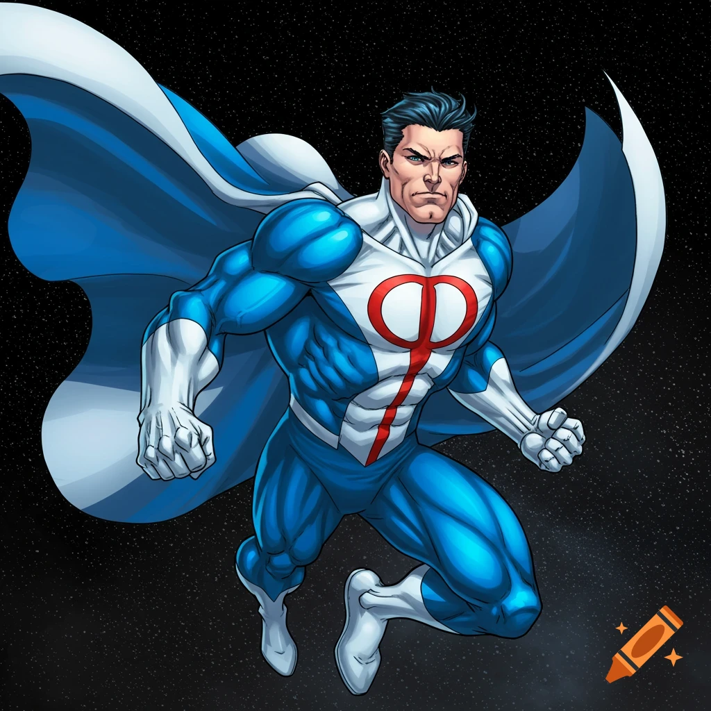 A powerful superhero in a blue, white, and red suit and cape flies through space.