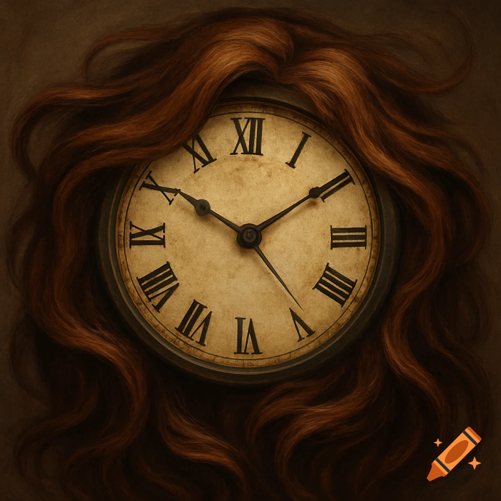 A Roman numeral clock is surrounded by flowing brown hair.