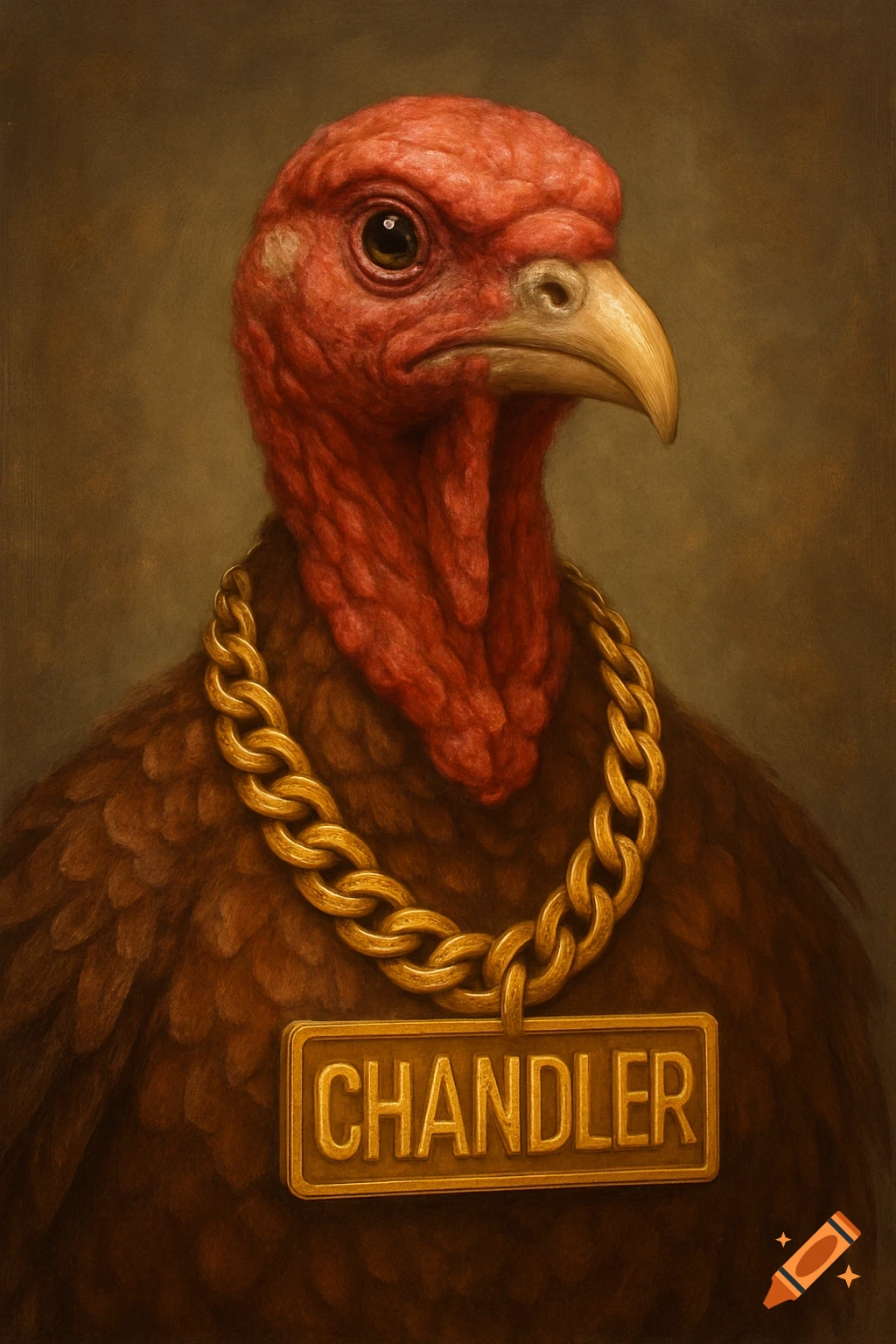 A turkey wearing a gold chain with a 'Chandler' nameplate.