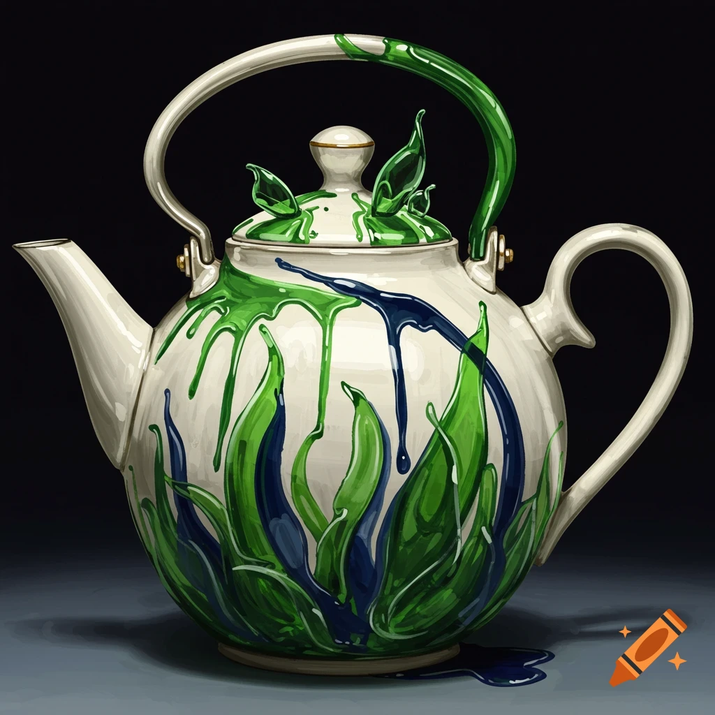A white teapot with green and blue dripping glass.