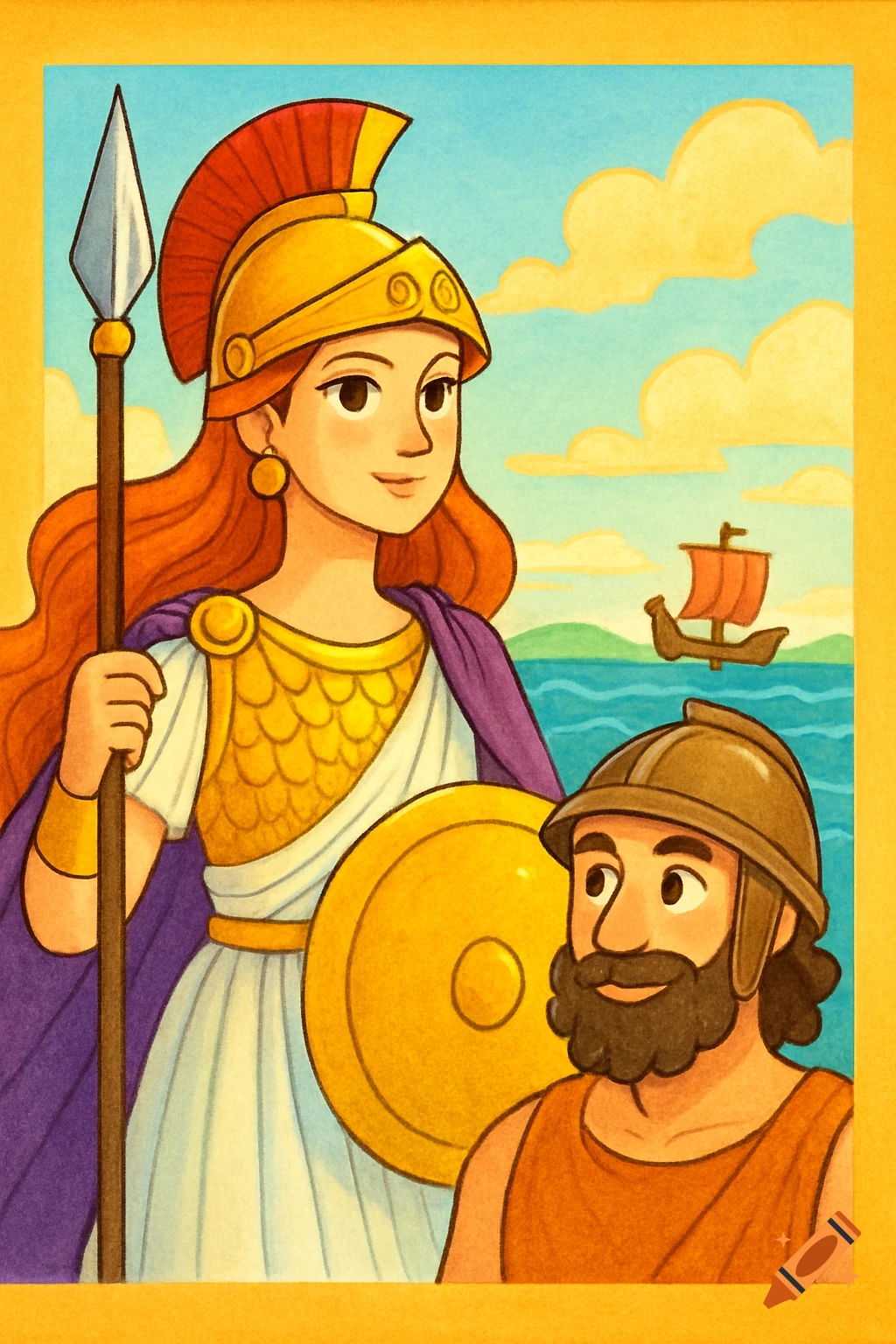 Cartoon illustration of Athena with a spear and shield standing next to Odysseus with a ship on the sea.