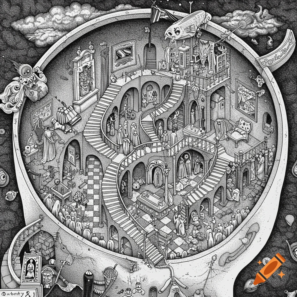 Detailed black and white drawing of a complex, multi-level structure representing a mindscape funeral scene with staircases and figures in a surreal style.