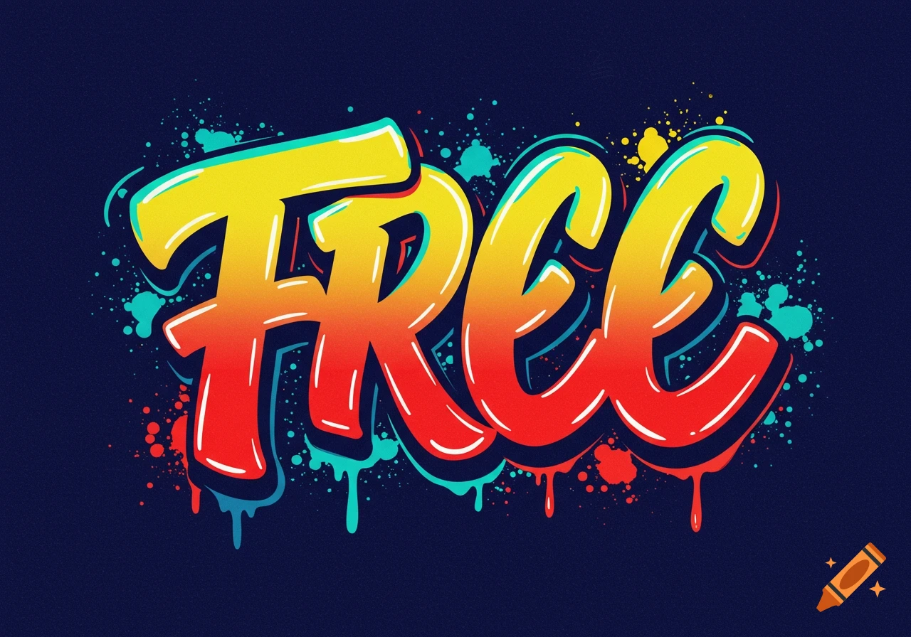 Colorful graffiti style text spelling "FREE" with paint drips and splatter on a dark background.