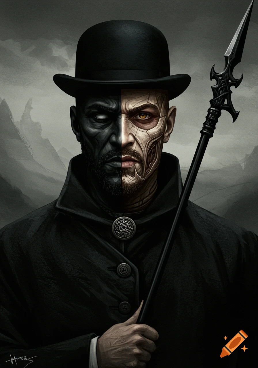Painting of a man with a split black and mechanical face, wearing a bowler hat and coat, holding a spear against a mountain background.