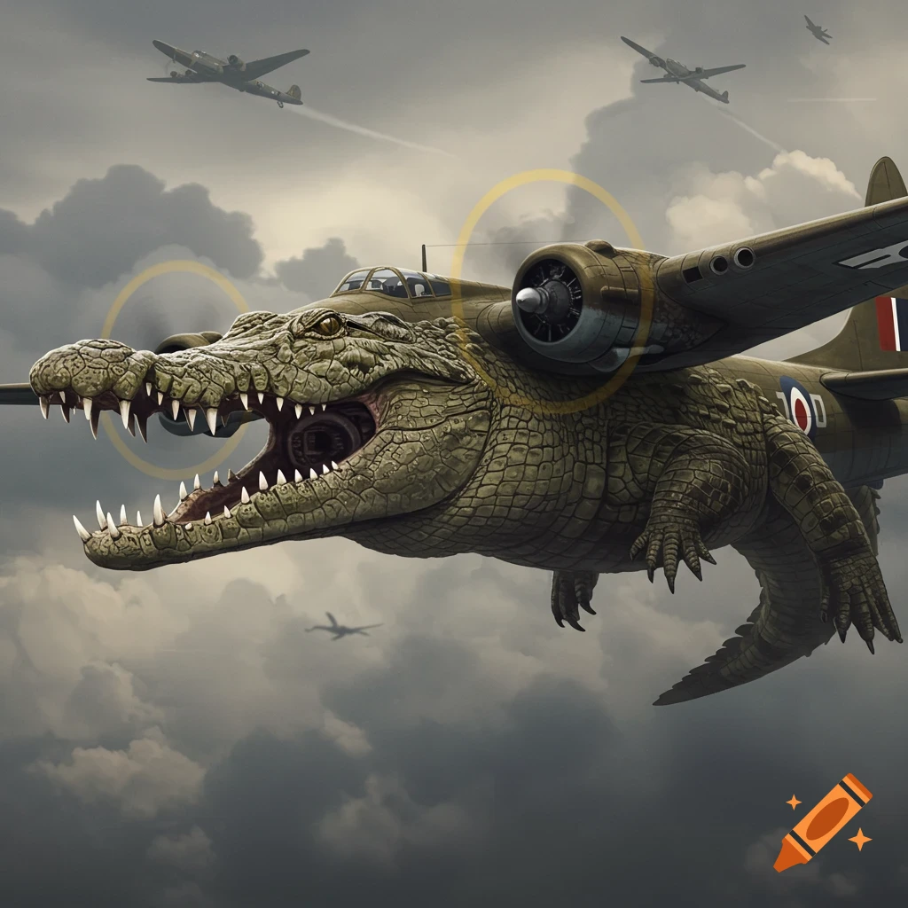 Crocodile body with bomber plane wings flying with other planes in the sky.