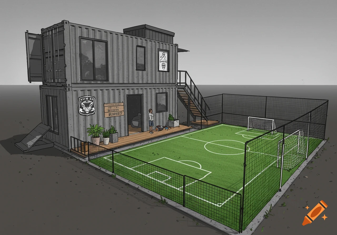 Digital drawing of a two-story shipping container building next to a small soccer field with goals and fencing.