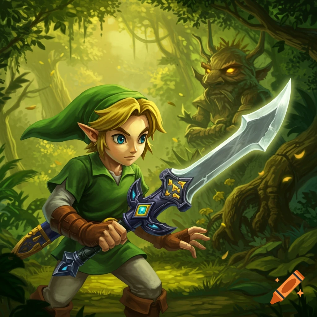 Young Link faces a creature in a forest, holding a detailed sword.