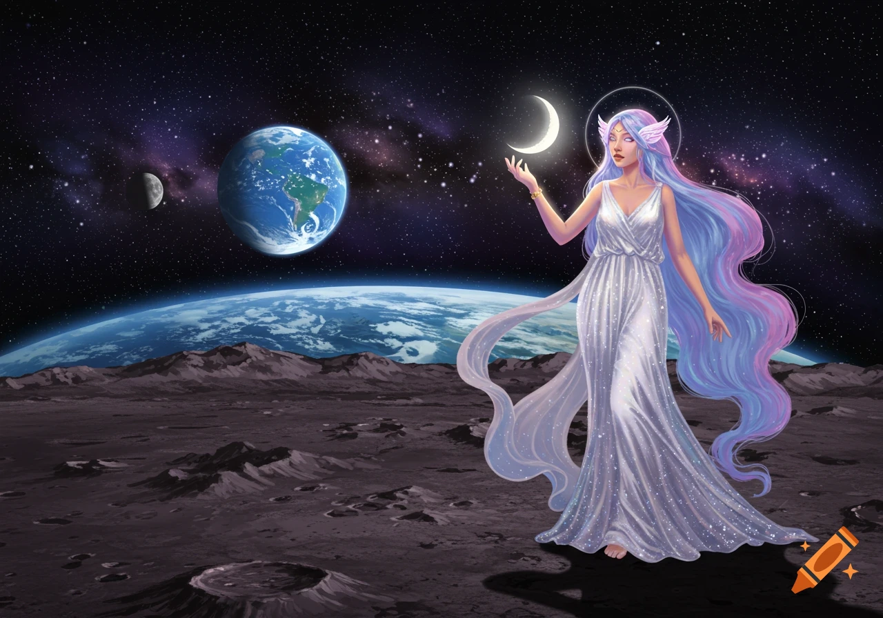 A woman in a sparkling white dress stands on the moon, holding a crescent moon. Earth is visible in the background.