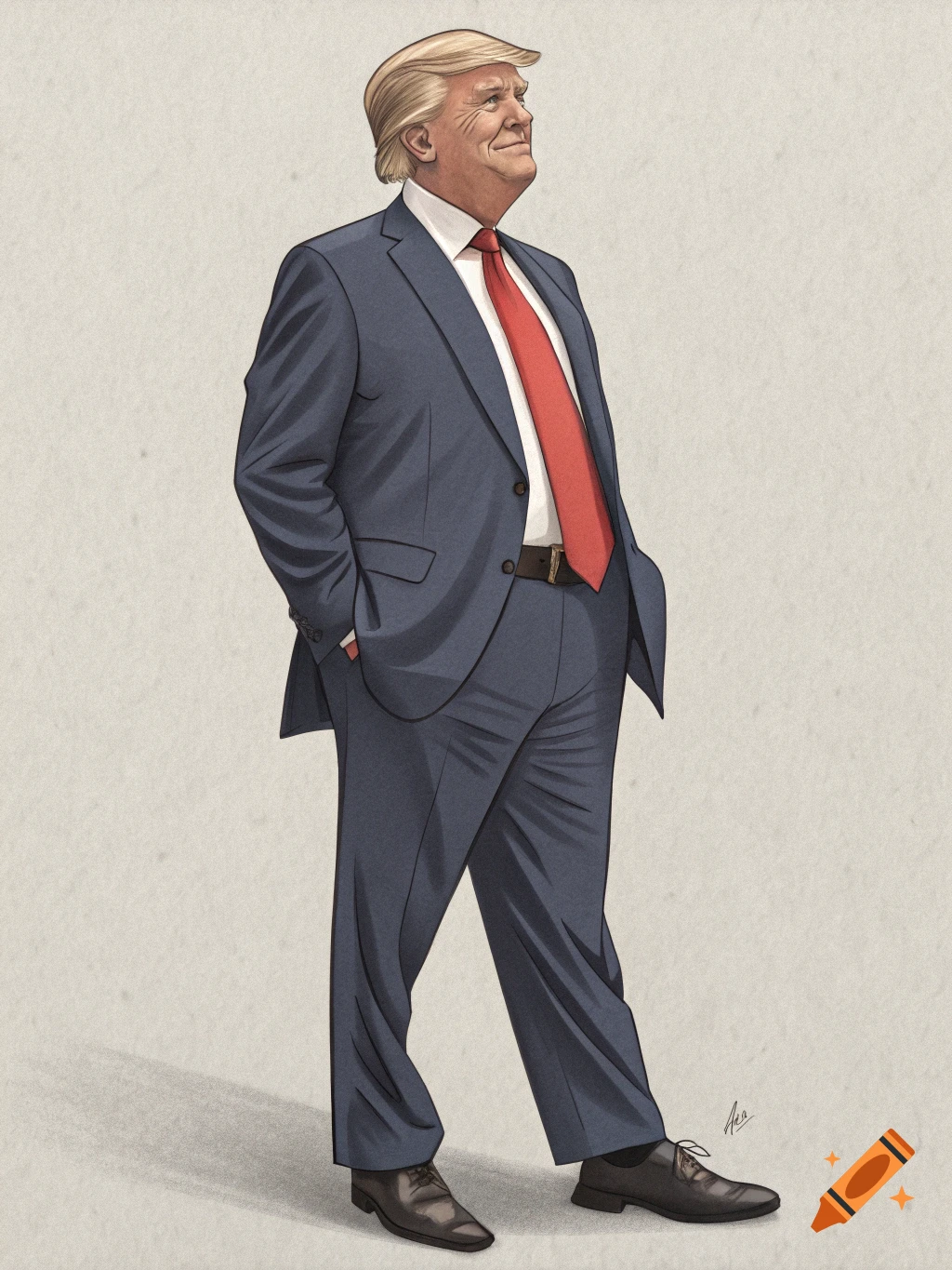 An illustration of a man in a suit and red tie, identified as Donald Trump, standing and looking upwards.