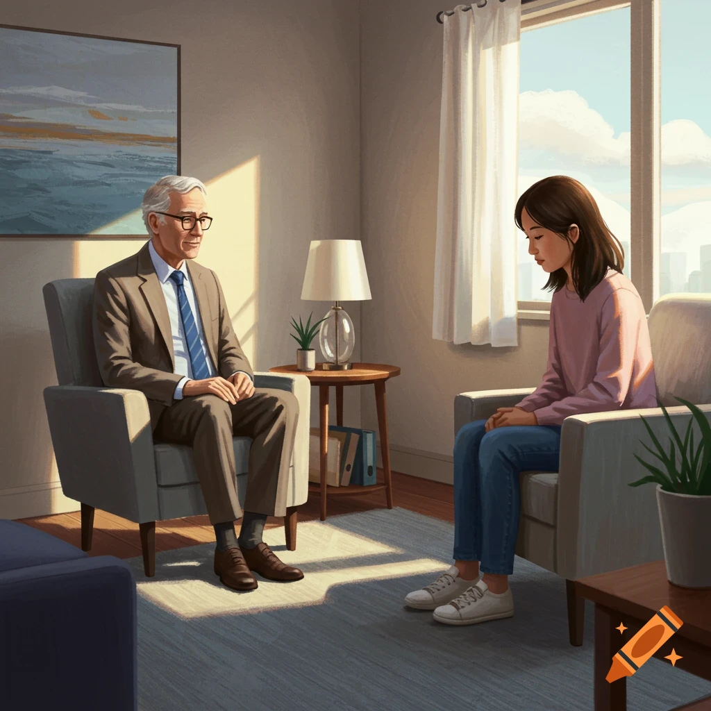 A therapy session with a man and woman sitting in chairs.