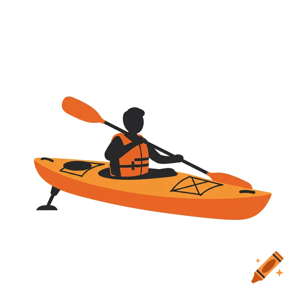 Stylized icon of a person in an orange kayak with a paddle and stabilizers.