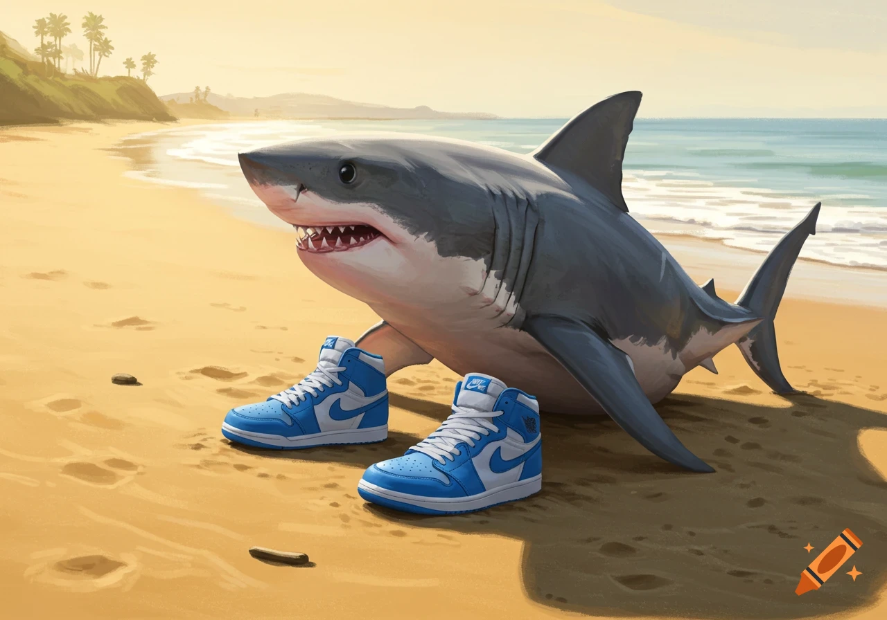 A shark wearing blue sneakers on a beach.