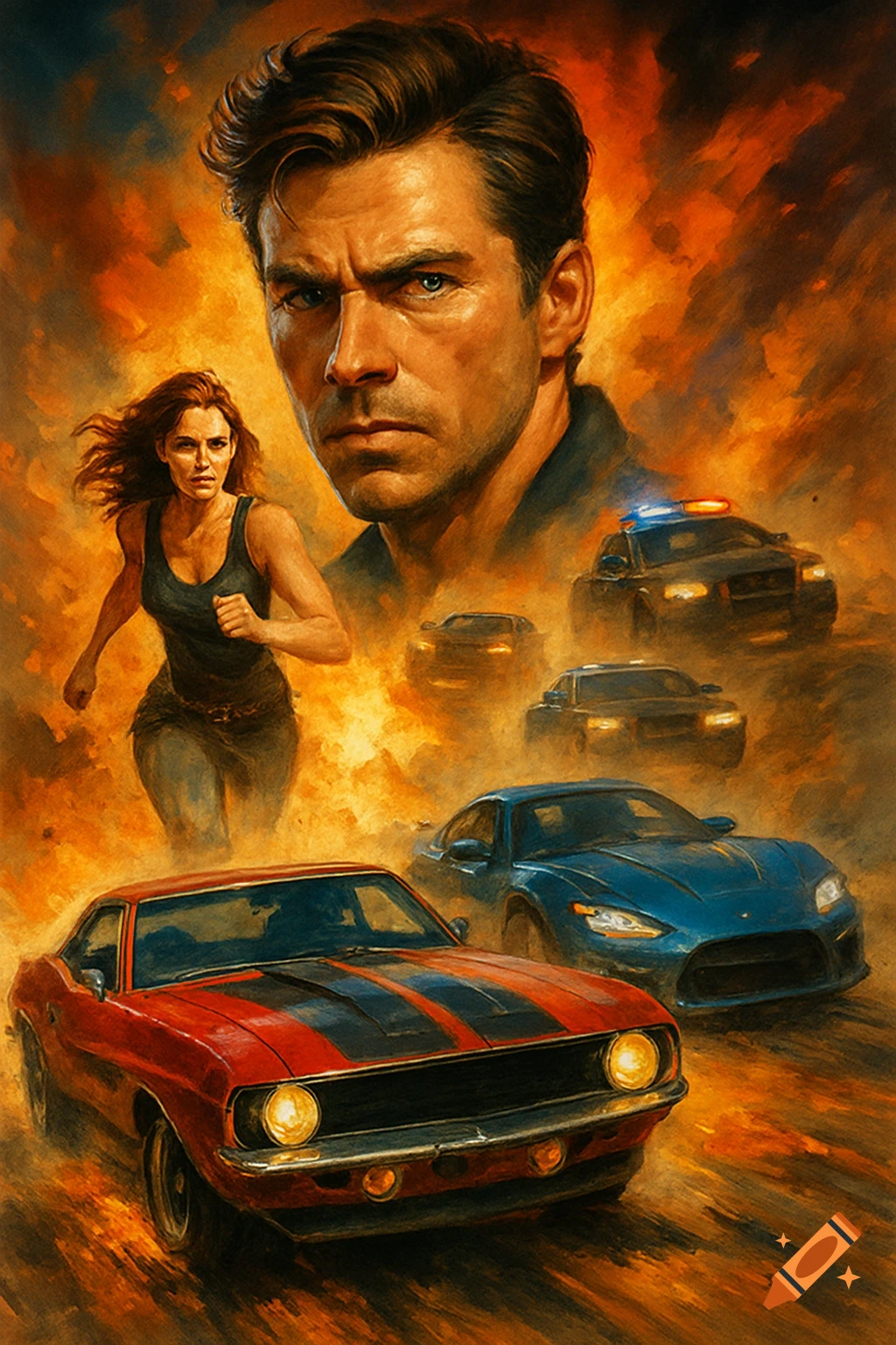 An action movie poster featuring a man and woman running, cars, and a fiery background.