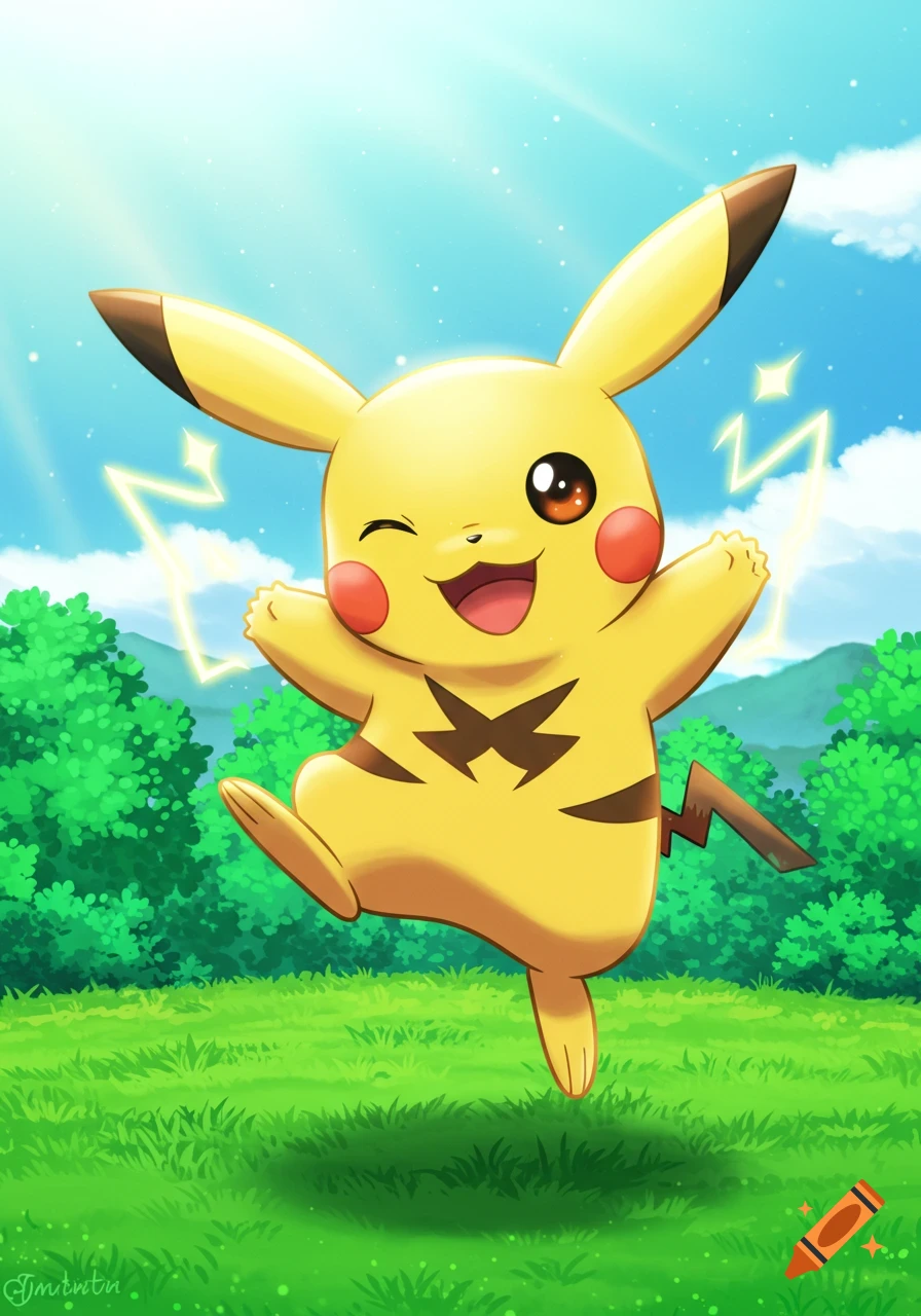 Illustration of Pikachu jumping and winking in a sunny field