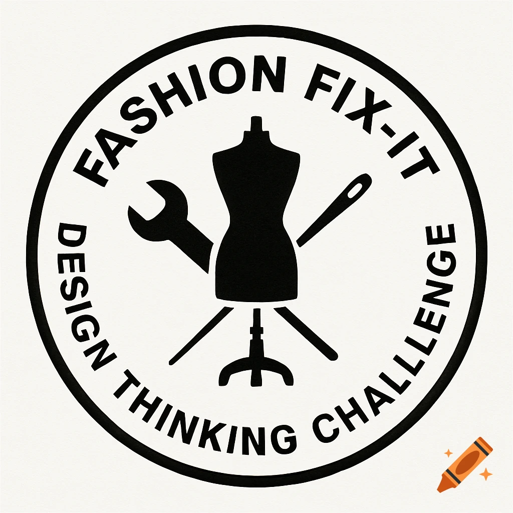 Black and white circular logo with a dress form, wrench, and needle surrounded by the text 'Fashion Fix-It Design Thinking Challenge'.