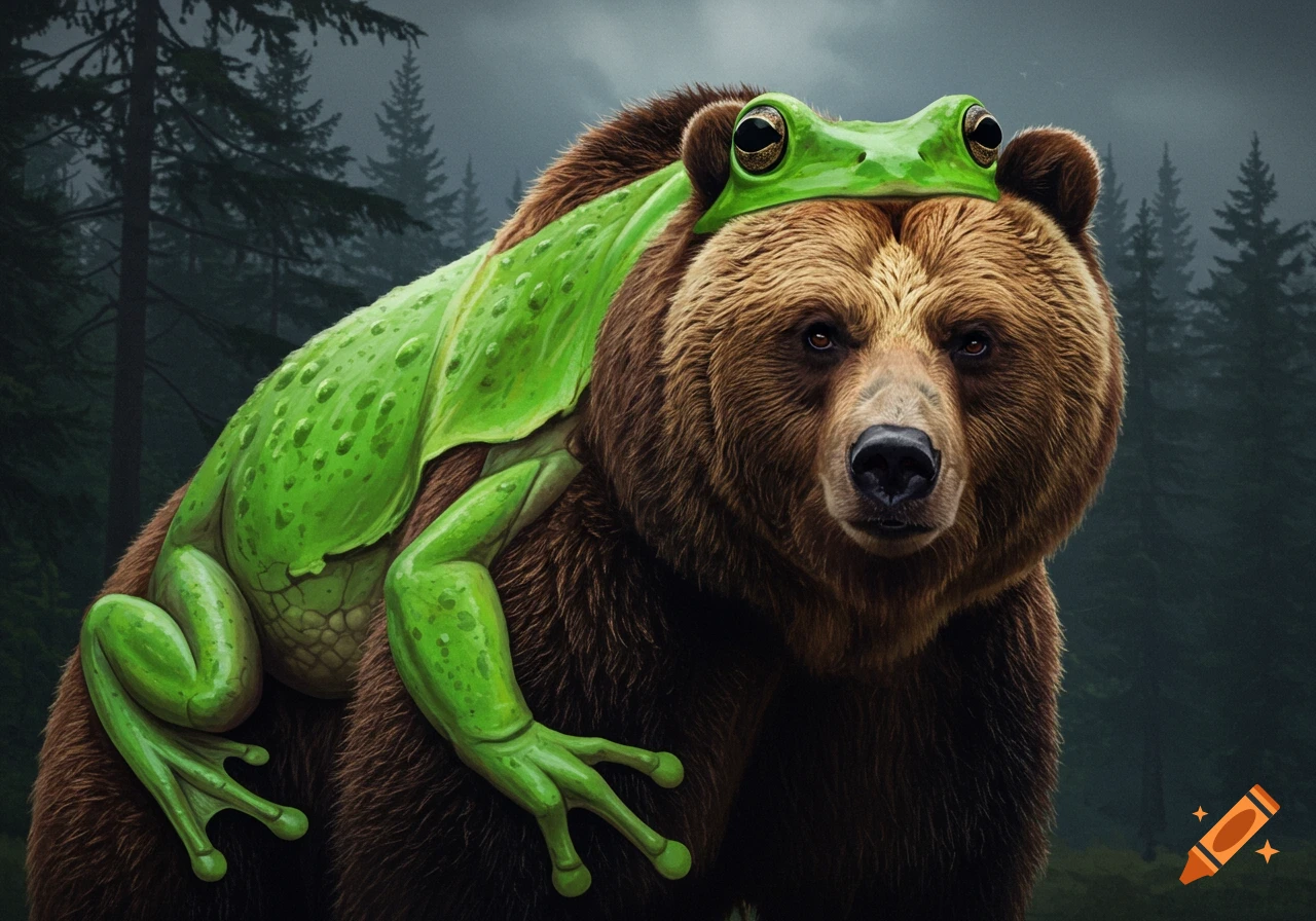 A brown bear with a large green frog sitting on its back and head in a forest.