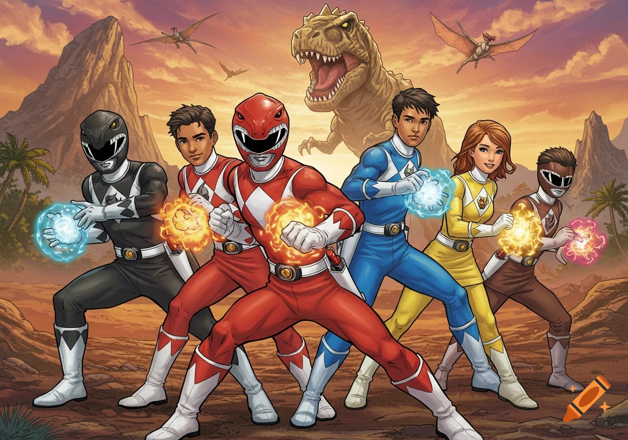 Power Rangers with glowing hands facing a T-Rex, with mountains and pterodactyls in the background.