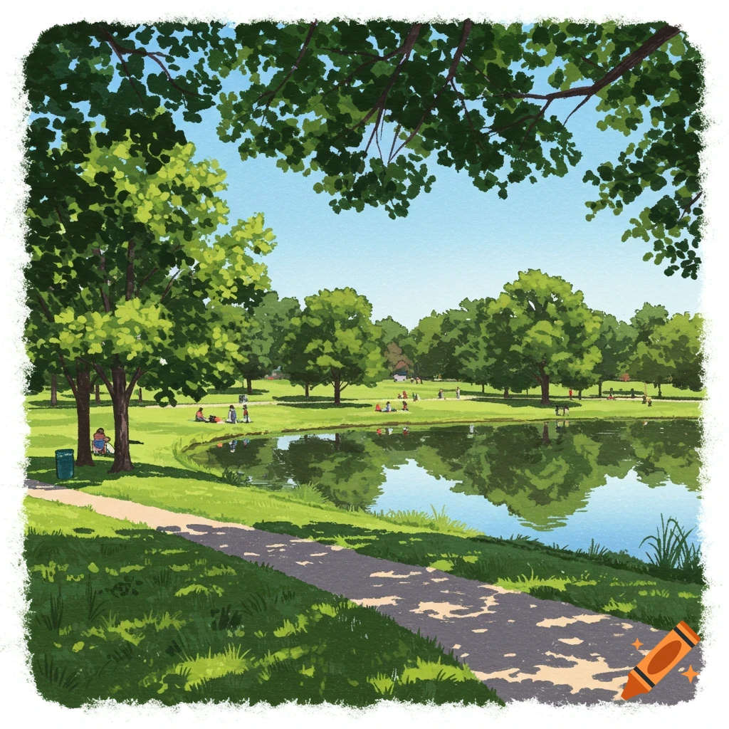 A sunny park scene with trees, a pond, a path, and people.