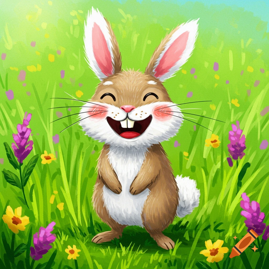 Happy cartoon bunny in a field of grass and colorful flowers.