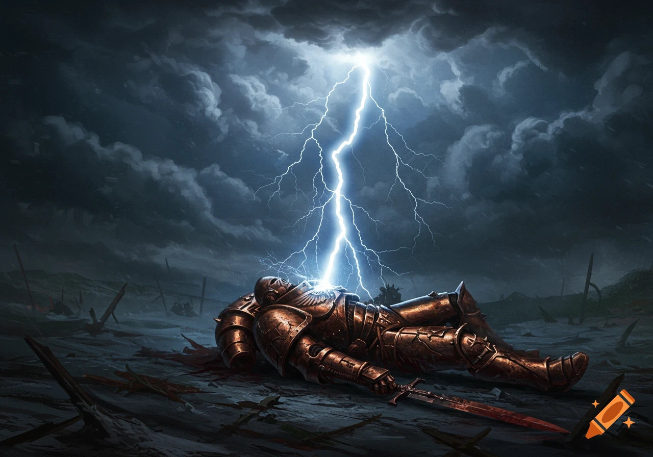A fallen bronze-armored soldier lies struck by lightning on a stormy battlefield.