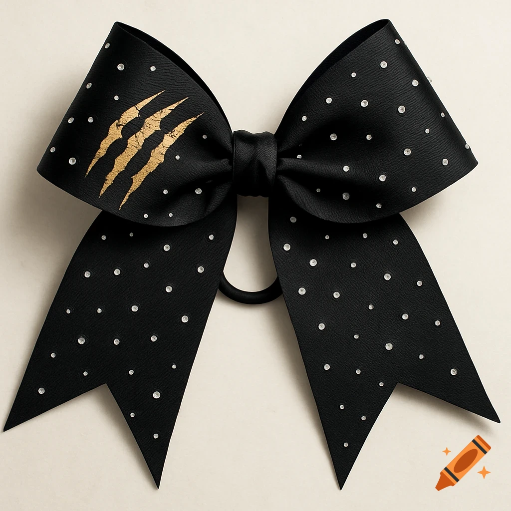 A black cheerleading hair bow decorated with gold claw marks and rhinestones.
