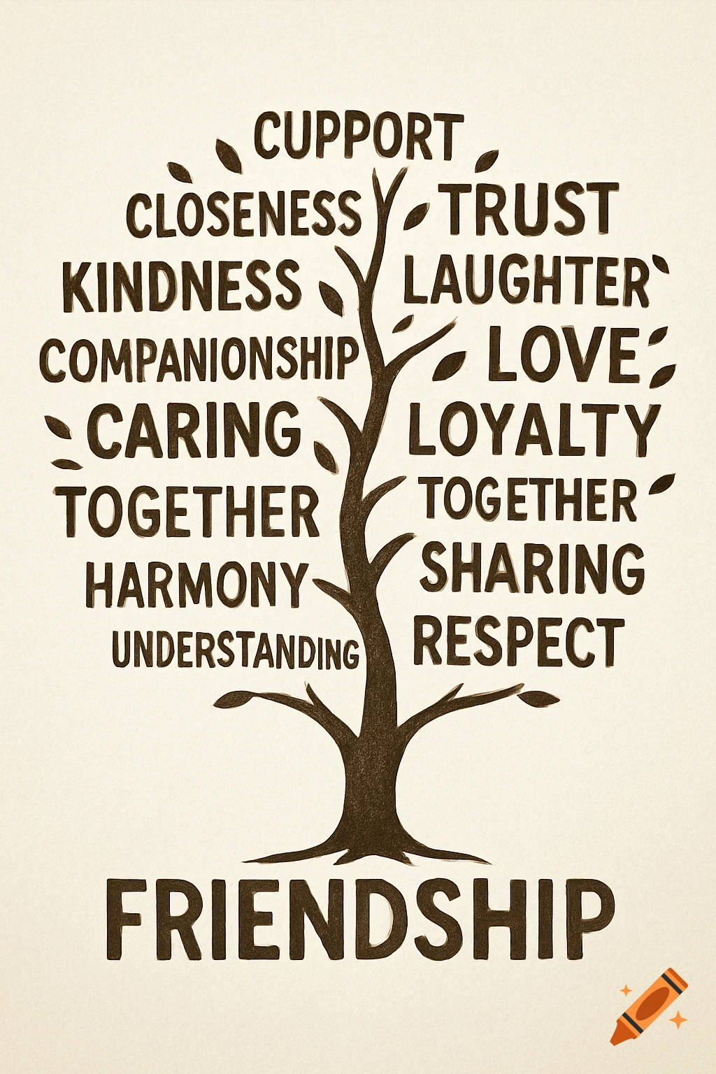 A tree shape formed by words related to friendship, including TRUST, LOVE, LAUGHTER, and FRIENDSHIP at the base.