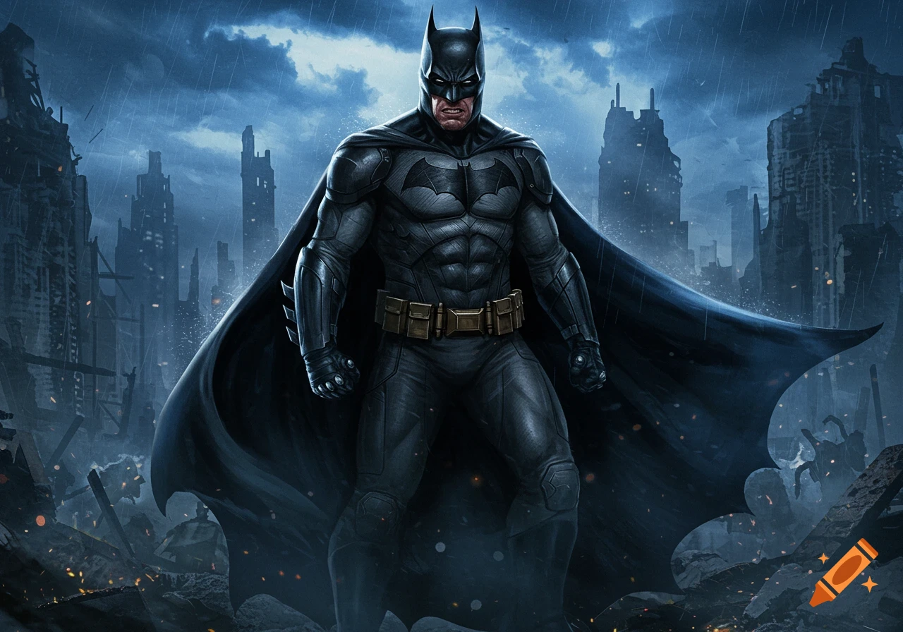 Batman standing in a ruined city under stormy rain.