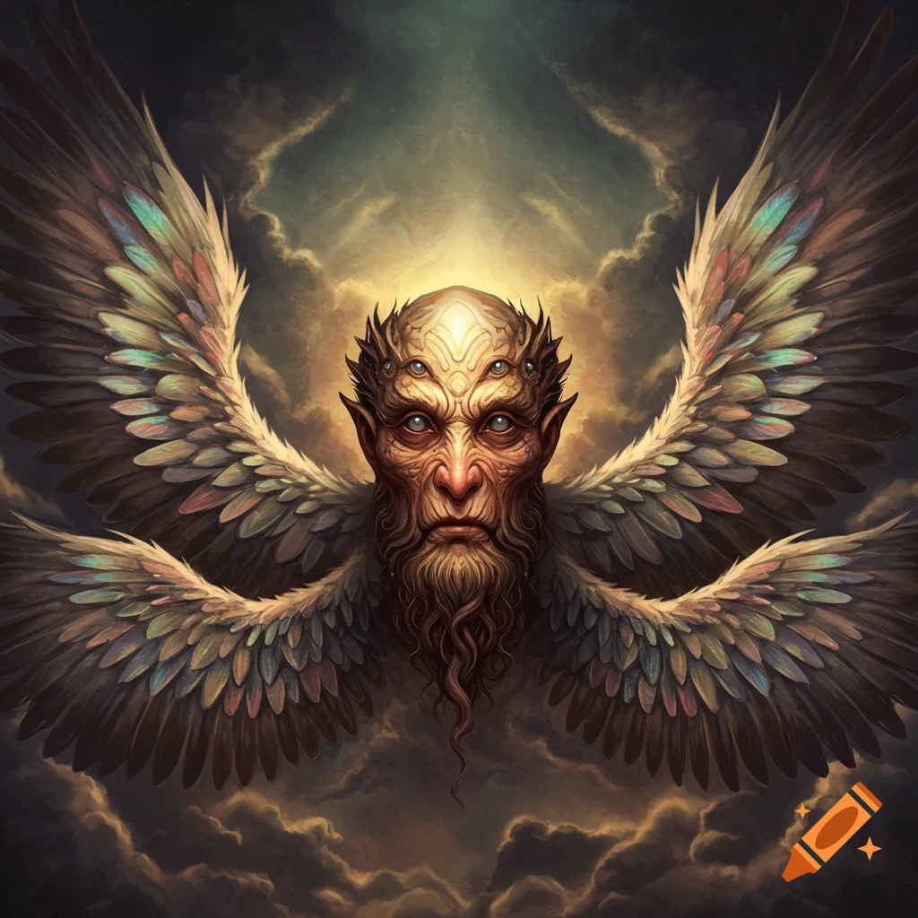 A multi-eyed winged creature with horns emerges from clouds.