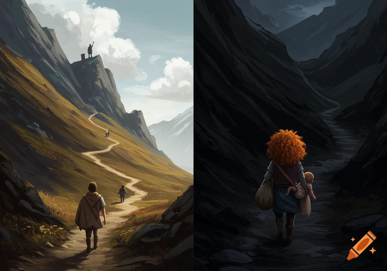 A split image: left shows figures on a sunny mountain path, right shows a person with red hair carrying a baby on a dark valley path.