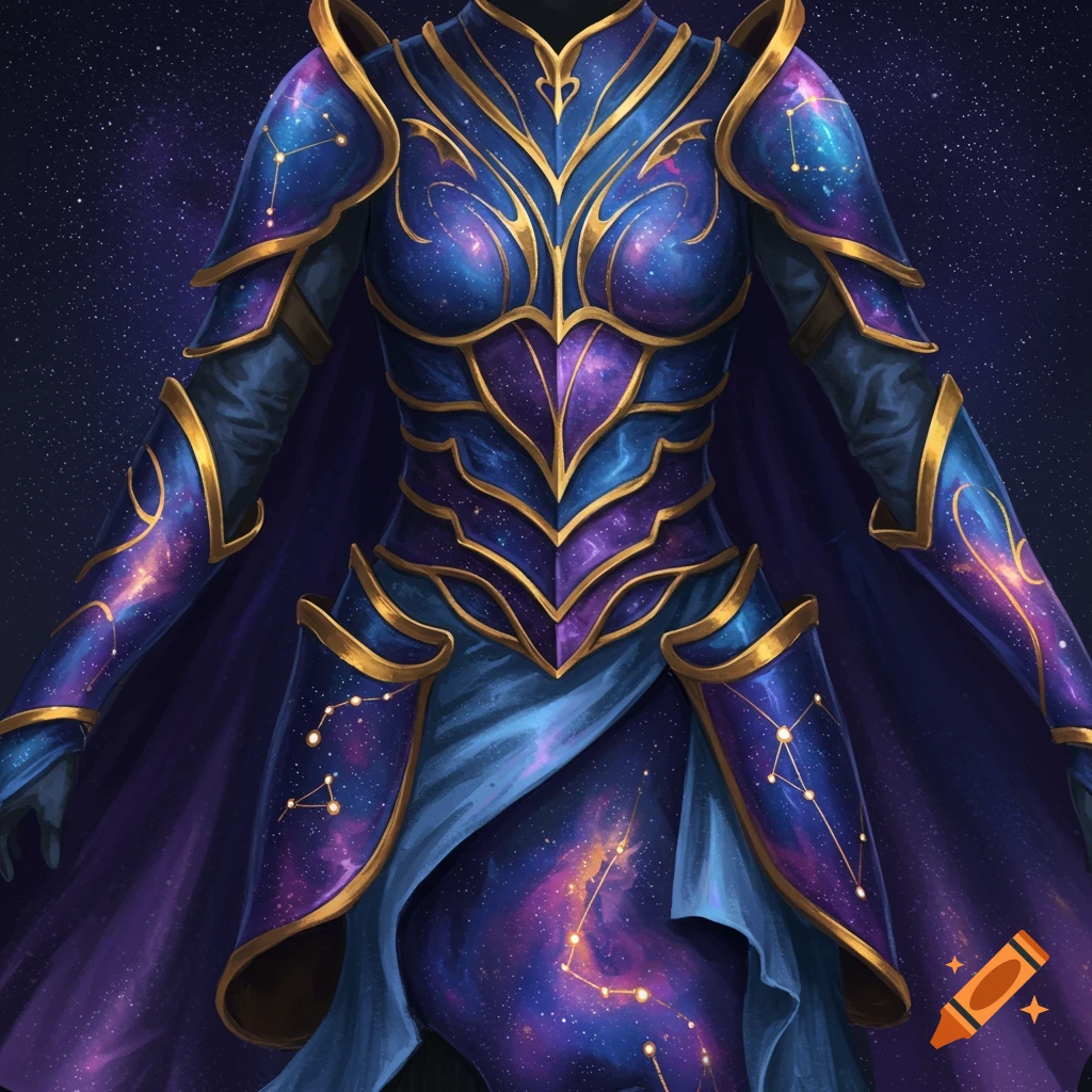 Detailed fantasy armor with a galaxy pattern and gold trim.
