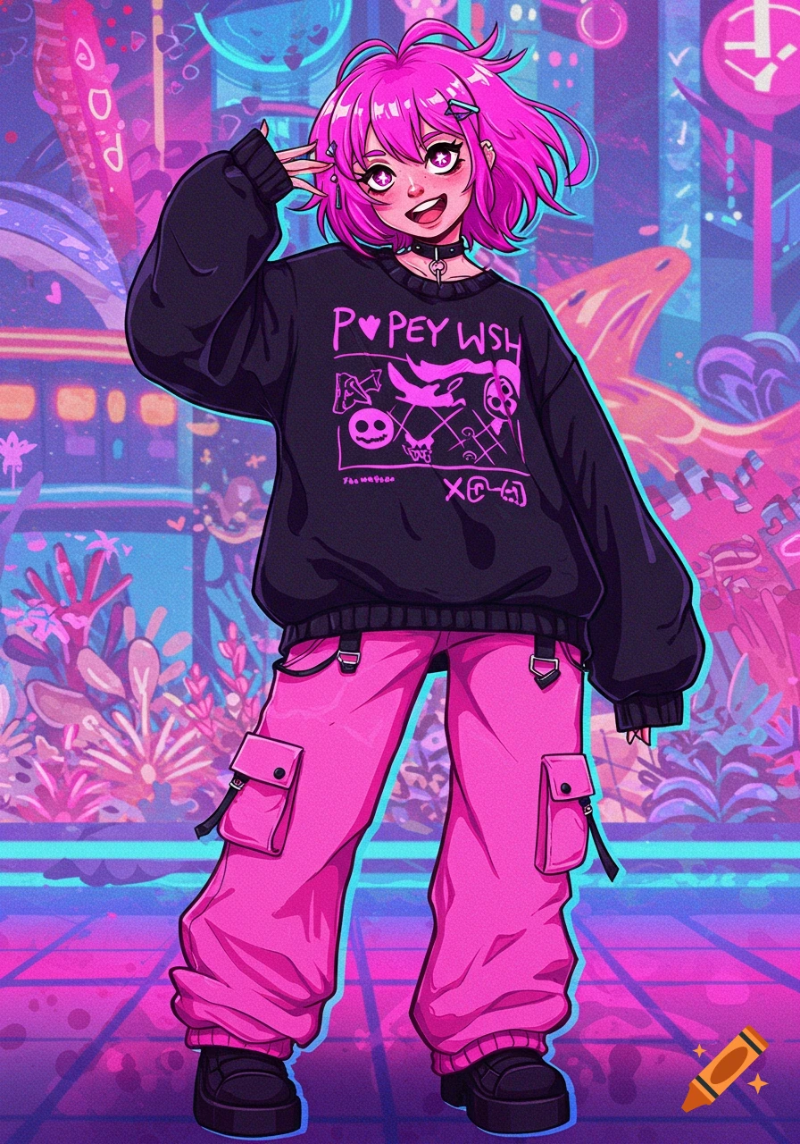 Anime illustration of a pink-haired girl in black sweater and pink cargo pants on a neon street.