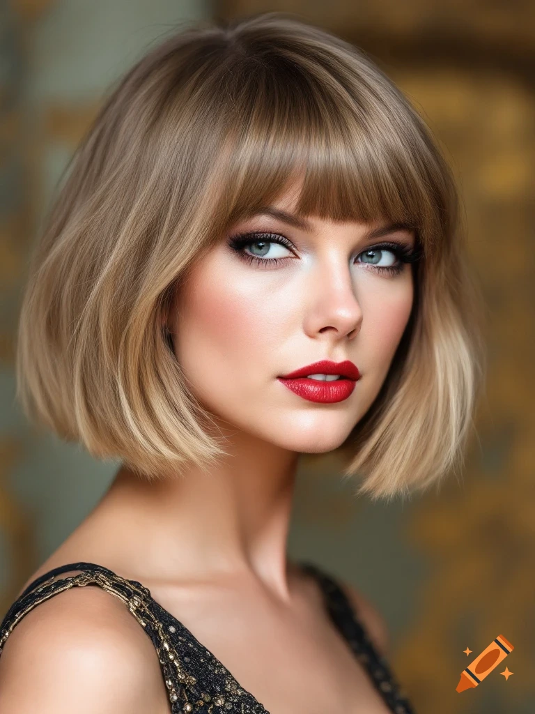 Portrait of a woman resembling Taylor Swift with a blunt bob and red lipstick